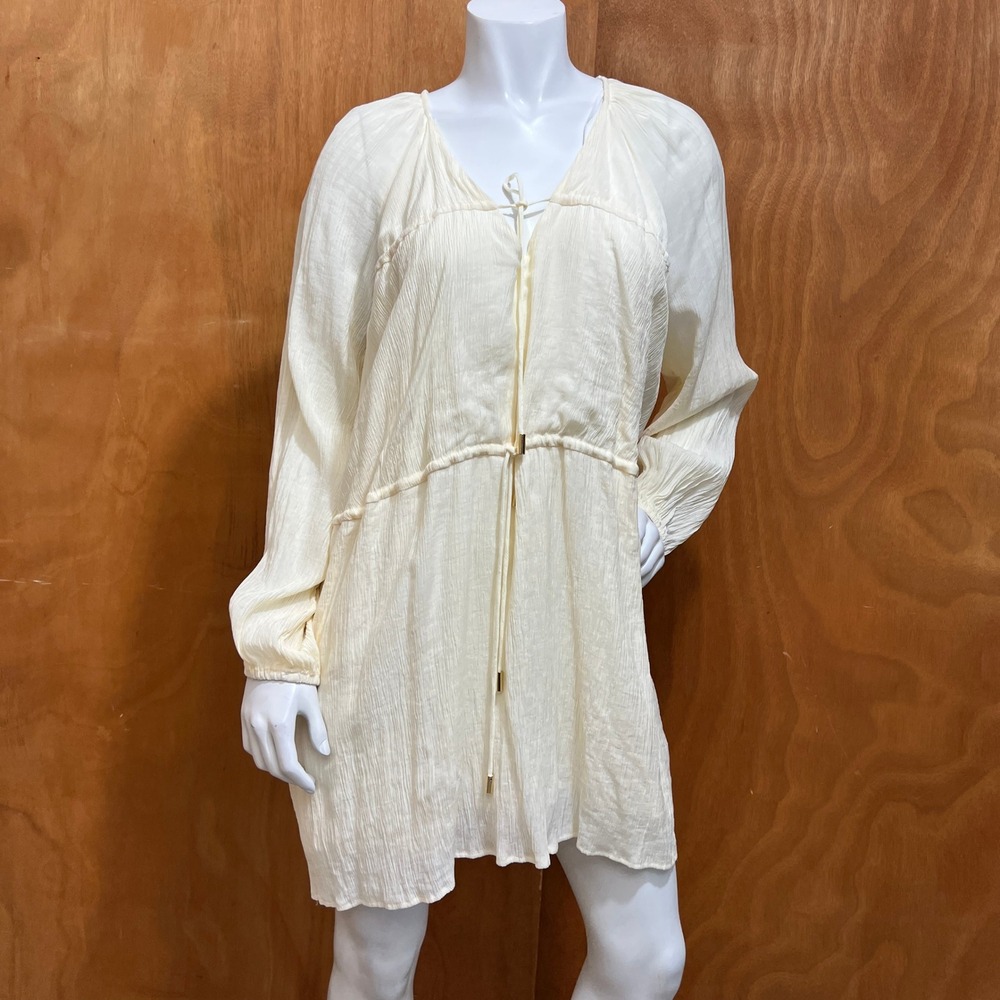 Sovere Cream Crinkle Mini Dress Womens Size US 8 S Boho Long Sleeve Tie Neck